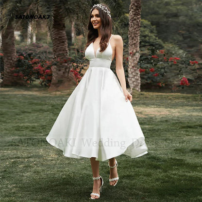 Customized Elegant Simple Spaghetti Straps Satin Short Wedding Dress A-Line Tea Length Bride Gown
