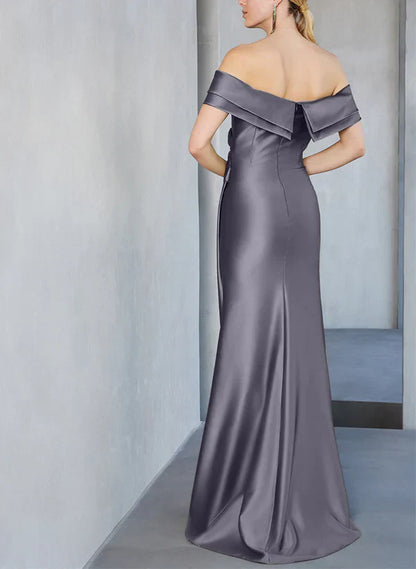 Tight/column off shoulder to ground length, mother of the bride dress