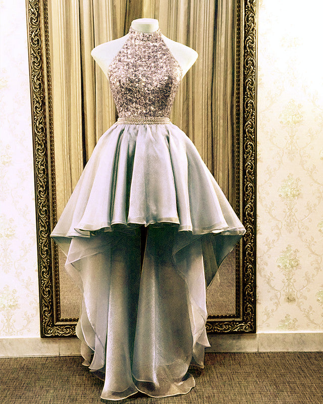 High Low Prom Dresses Tulle Ruffles Sequin Halter