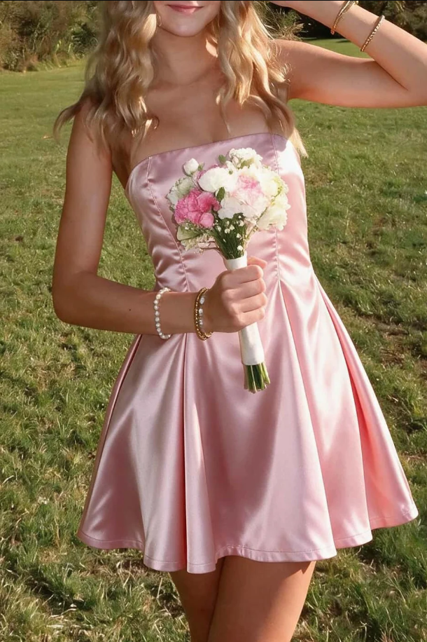 Simple A-Line Satin Empire-Waist Pleats Short Homecoming Dress