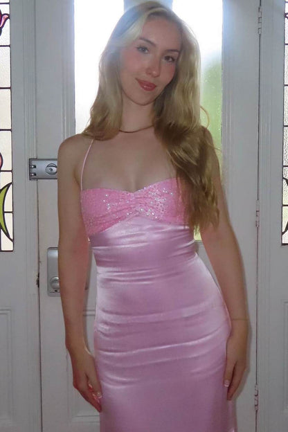 Chic Halter Sweetheart with Sequins Satin Long Prom Party Formal Dress