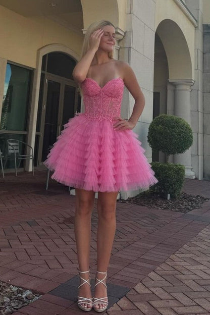 A-Line Strapless Applique Multi-Layers Tulle Sleeveless Short  Homecoming Dress