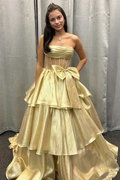 A-Line Strapless Empire-Waist Tiered Sleeveless Long Prom Dress with Bow
