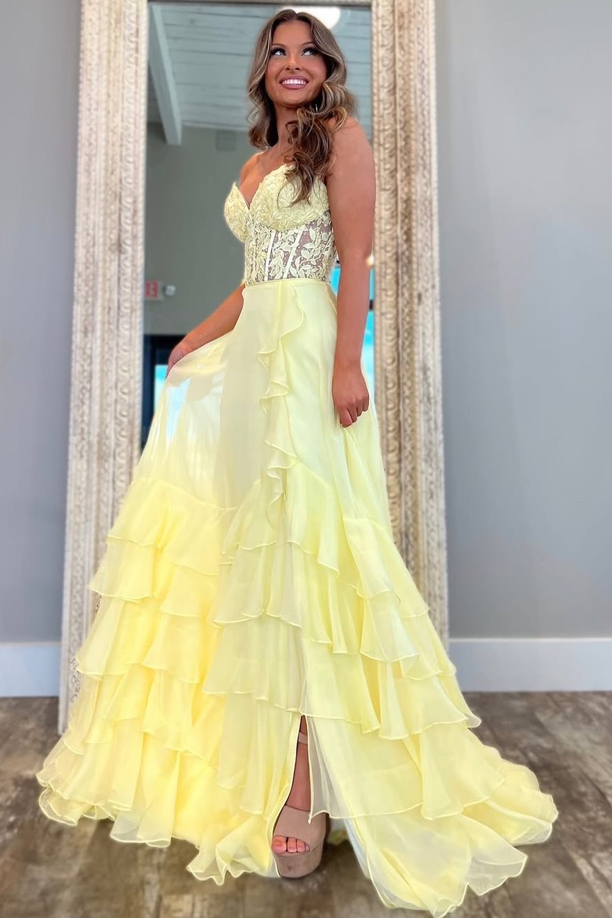 A-Line Strapless V-Neck Empire-Waist Ruffles Chiffon Long Prom Dress