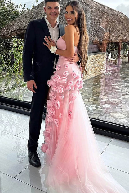 Pink Strapless A-Line 3D Flower Side Slit Long Prom Formal Dress
