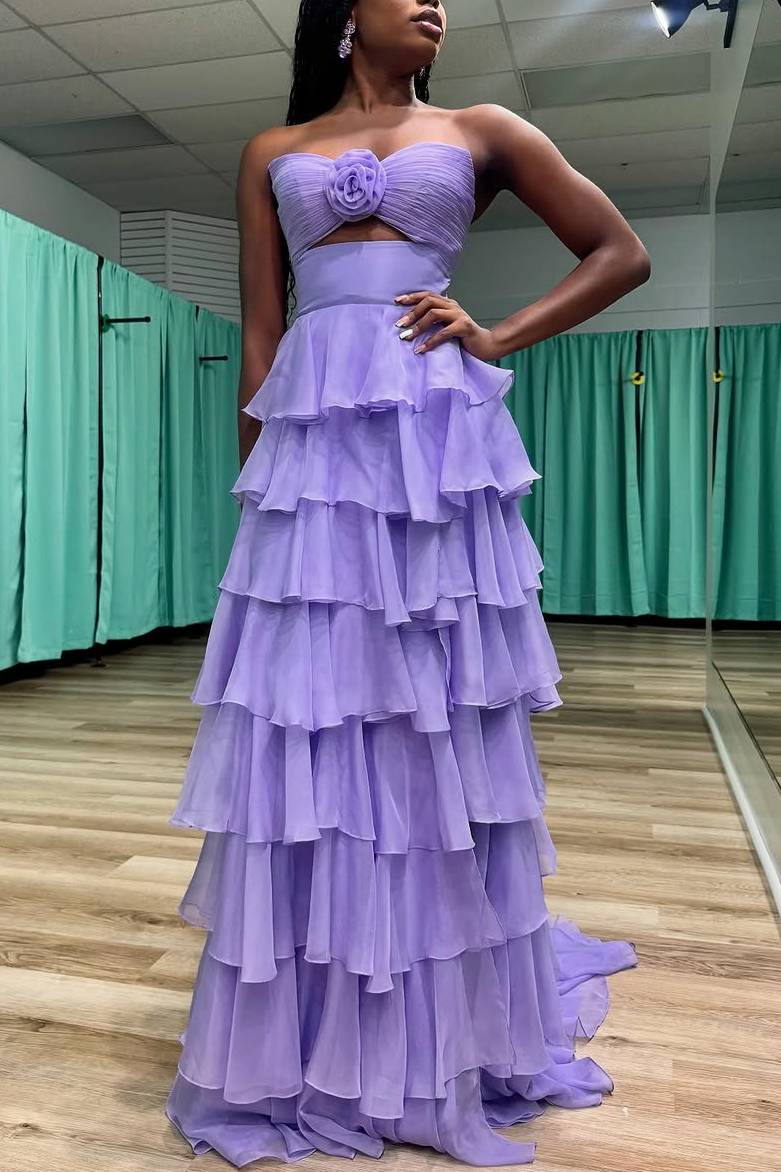 A-Line Strapless V-Neck Layered Chiffon Sleeveless Formal Prom Dress