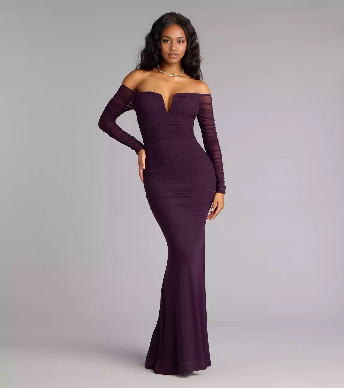 Soft and smooth chiffon pleated off shoulder slim fit back zipper pleated mermaid silhouette and floor Prom Dresses