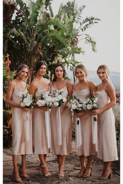 Spaghetti Strap Backless Sheath Tea Length Sleeveless Sexy Bridesmaid Dresses