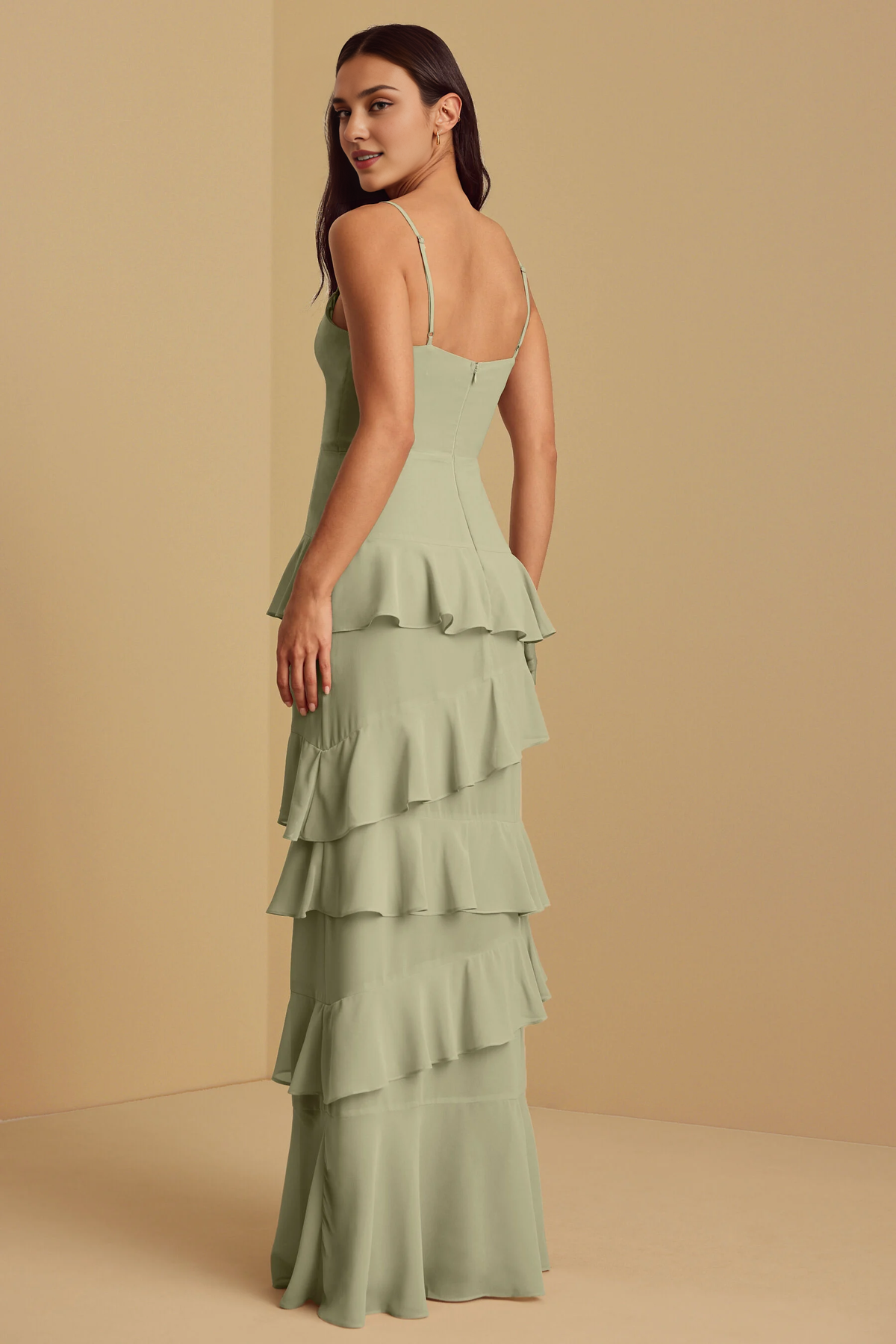 Weitese Formal Wear Dresses Sleeveless Chiffon  Spaghetti Straps Floor Length Bridesmaid Dress Stores With Prom Dresses With Tiered