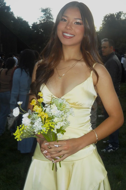 Spaghetti Straps Yellow V-Neck Ruffles Satin Sleeveless Short Homecoming Party Dress