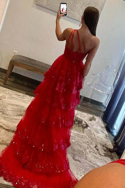 Aimishang Elegant Prom Dress Sparkly A-Line One Shoulder Long Tiered With Slit