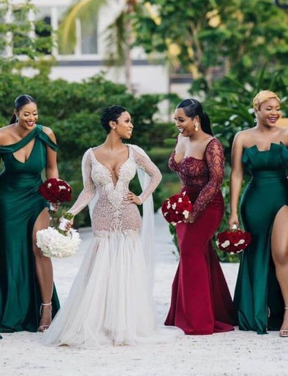 Emerald Green Satin Bridesmaid Dresses with Side Split