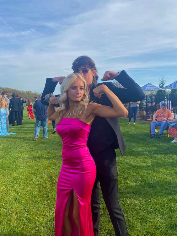Hot Pink Prom Dress Strapless Satin Split Graduation Dresses