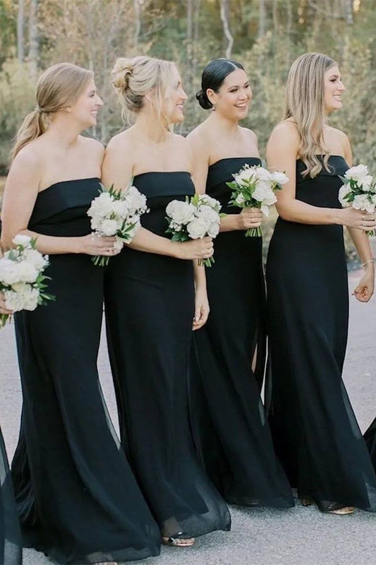 Strapless Black Chiffon Long Bridesmaid Dress with Slit/Formal Women's Dresses