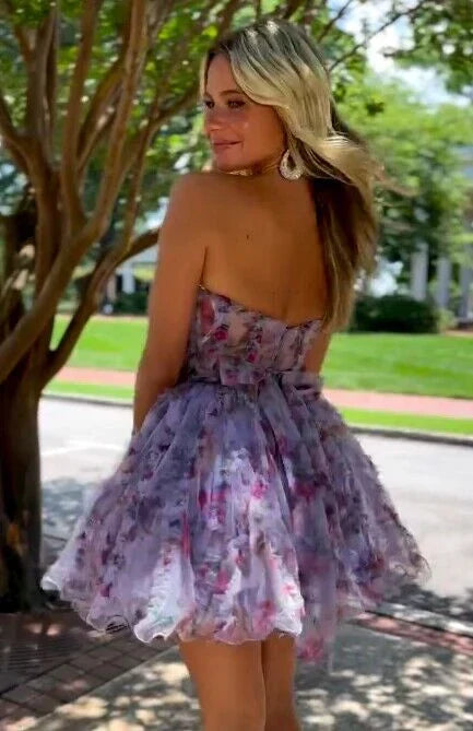 Chic Floral Ruffled Hem Design Tulle A-line Mini Strapless Homecoming Dress HZ1024