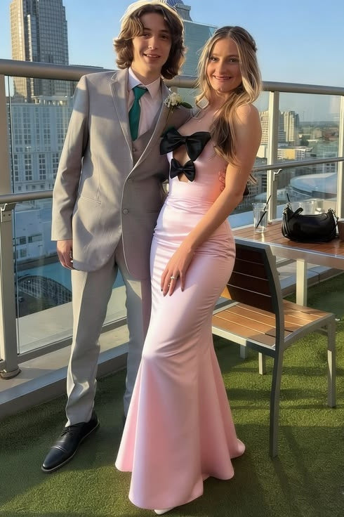 Strapless Pink Mermaid Satin Prom Dress With Bows
