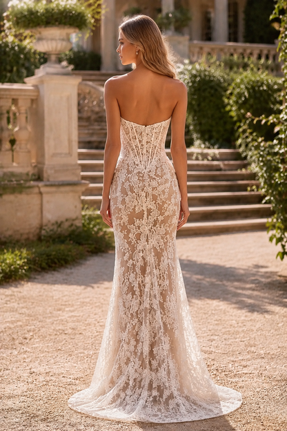 Strapless Lace Mermaid Wedding Dress with Sheer Corset Bridal Gown