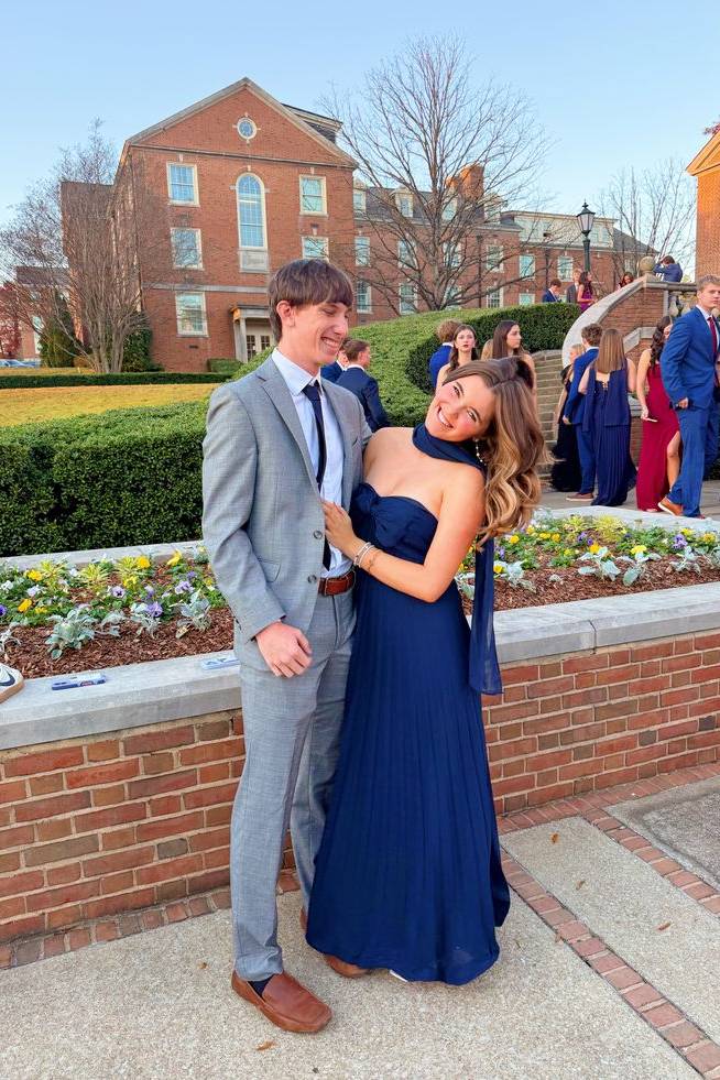 Strapless Navy Blue Pleated Long Dress with Scarf Chiffon Party Prom Dresses