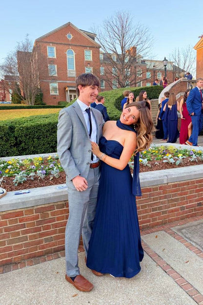 Strapless Navy Blue Pleated Long Dress with Scarf Chiffon Party Prom Dresses