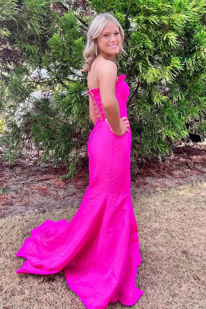 Classy Red Strapless Satin Mermaid Long Prom Dress with Slit