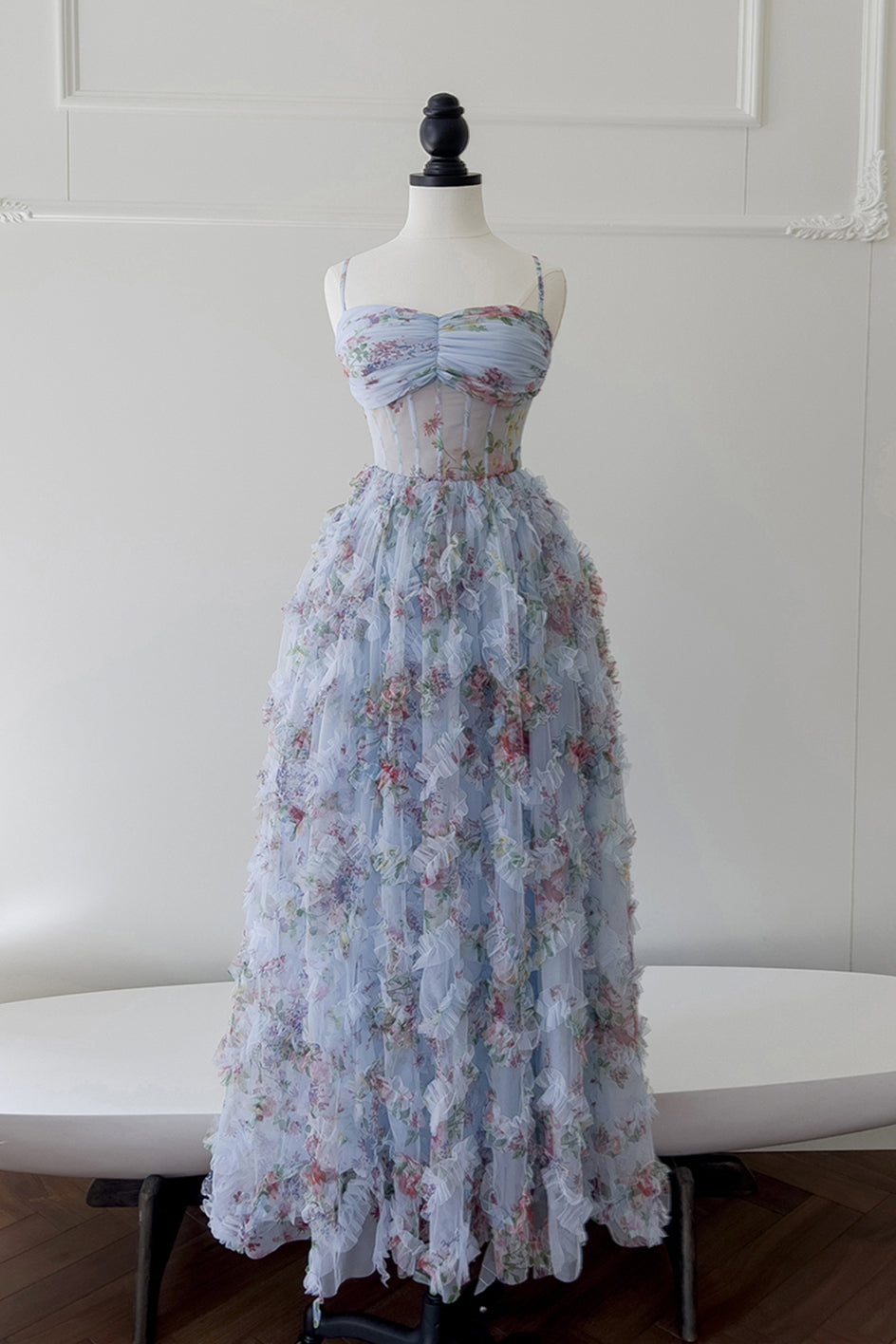 Pretty Straps Blue Floral Print Ruched Long Formal Evening Dresses