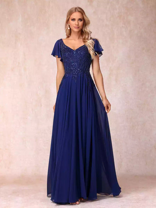 Stunning A-line/princess style V-neck short sleeved long formal beaded and sequined Mother of the Bride Dresses