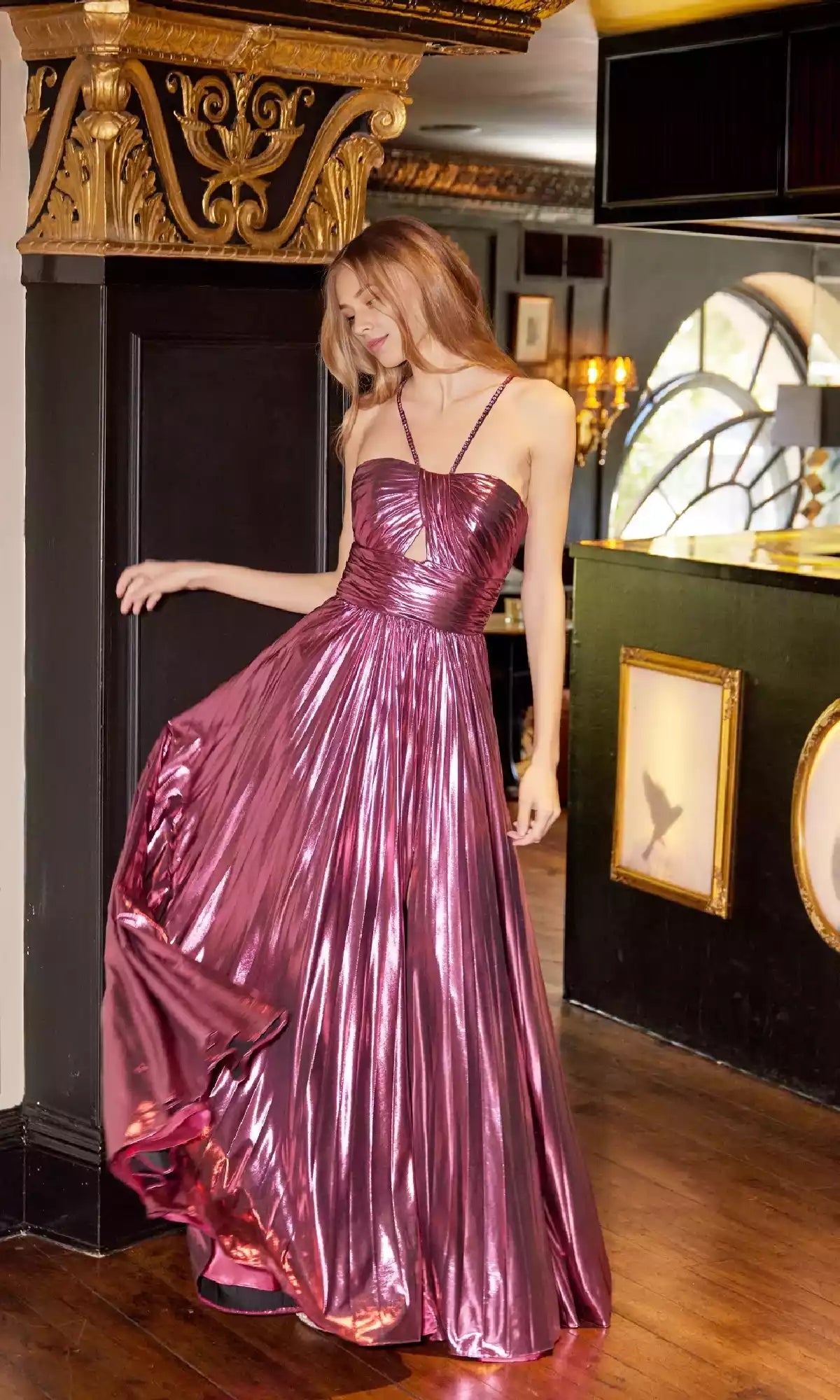 Stunning backless neckline with hollowed out delicate shoulder straps, wide waistband, tight waist, side slits, A-line, beautiful silhouette Prom Dresses