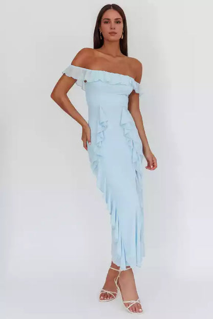 Stunning strapless lining with exposed shoulder and lotus leaf trim details, back with zipper Prom Dresses