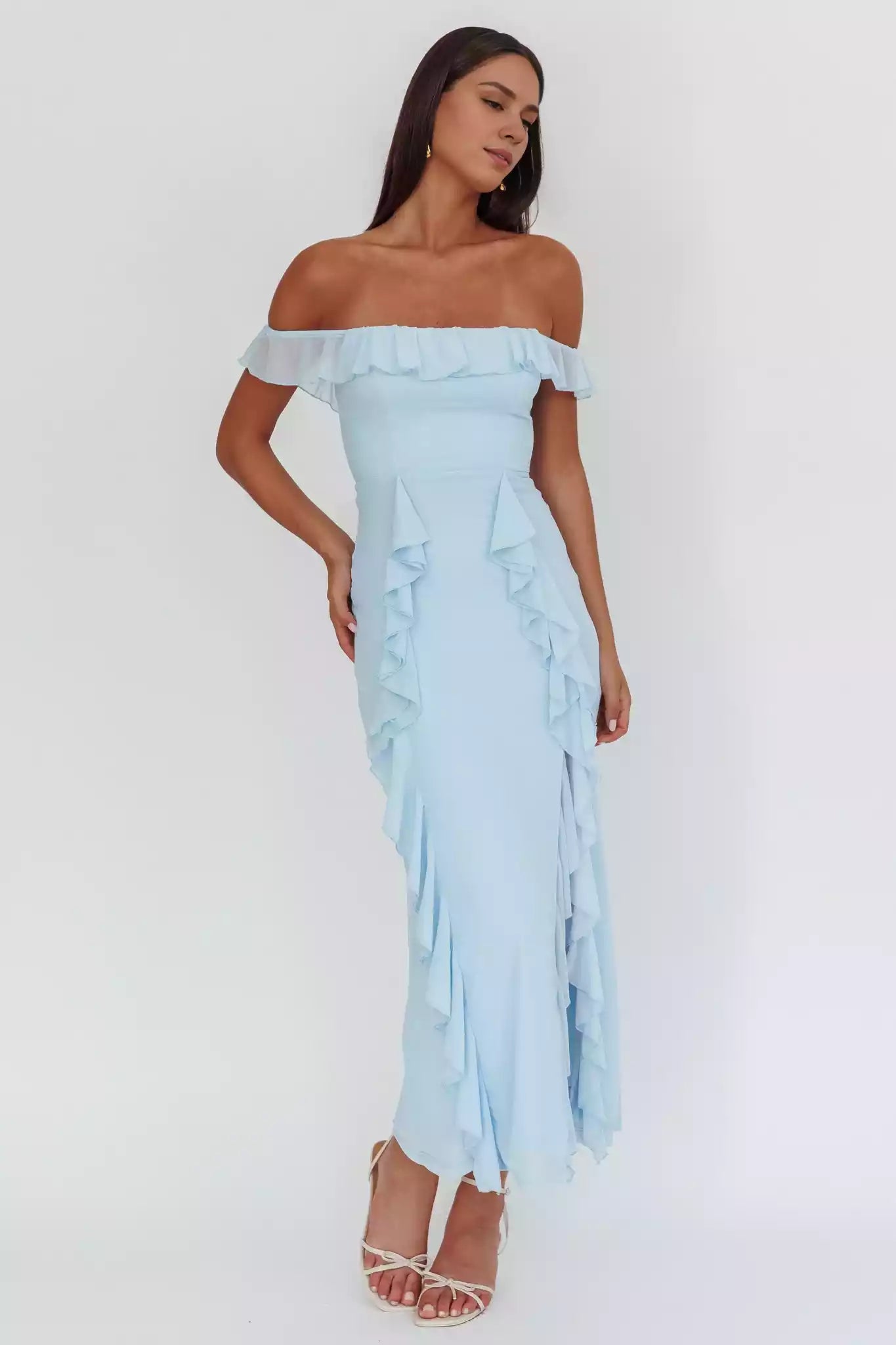 Stunning strapless lining with exposed shoulder and lotus leaf trim details, back with zipper Prom Dresses