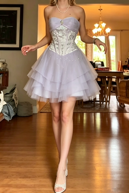 Sweet Lilac A-Line Empire-Waist Layered Short Homecoming Dress with Beads