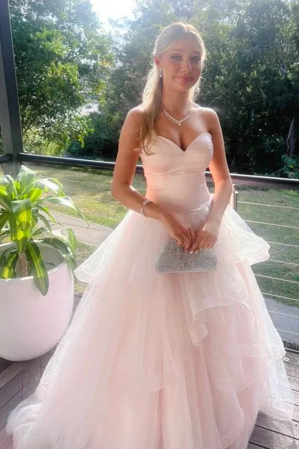 Sweetheart Strapless Satin And Tulle Tiered Party Prom Dresses