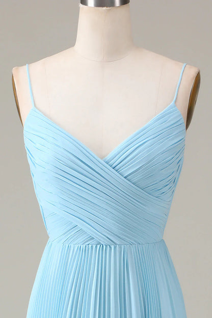 Spaghetti Straps V-Neck A-Line Pleated Chiffon Bridesmaid Dress