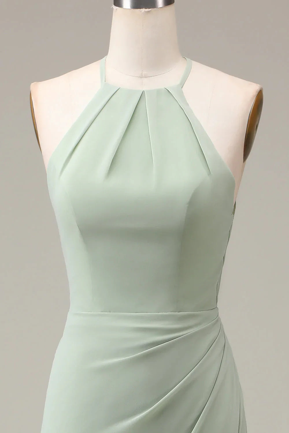 Halter Neck Sheath Pleated Bridesmaid Dress With Slit