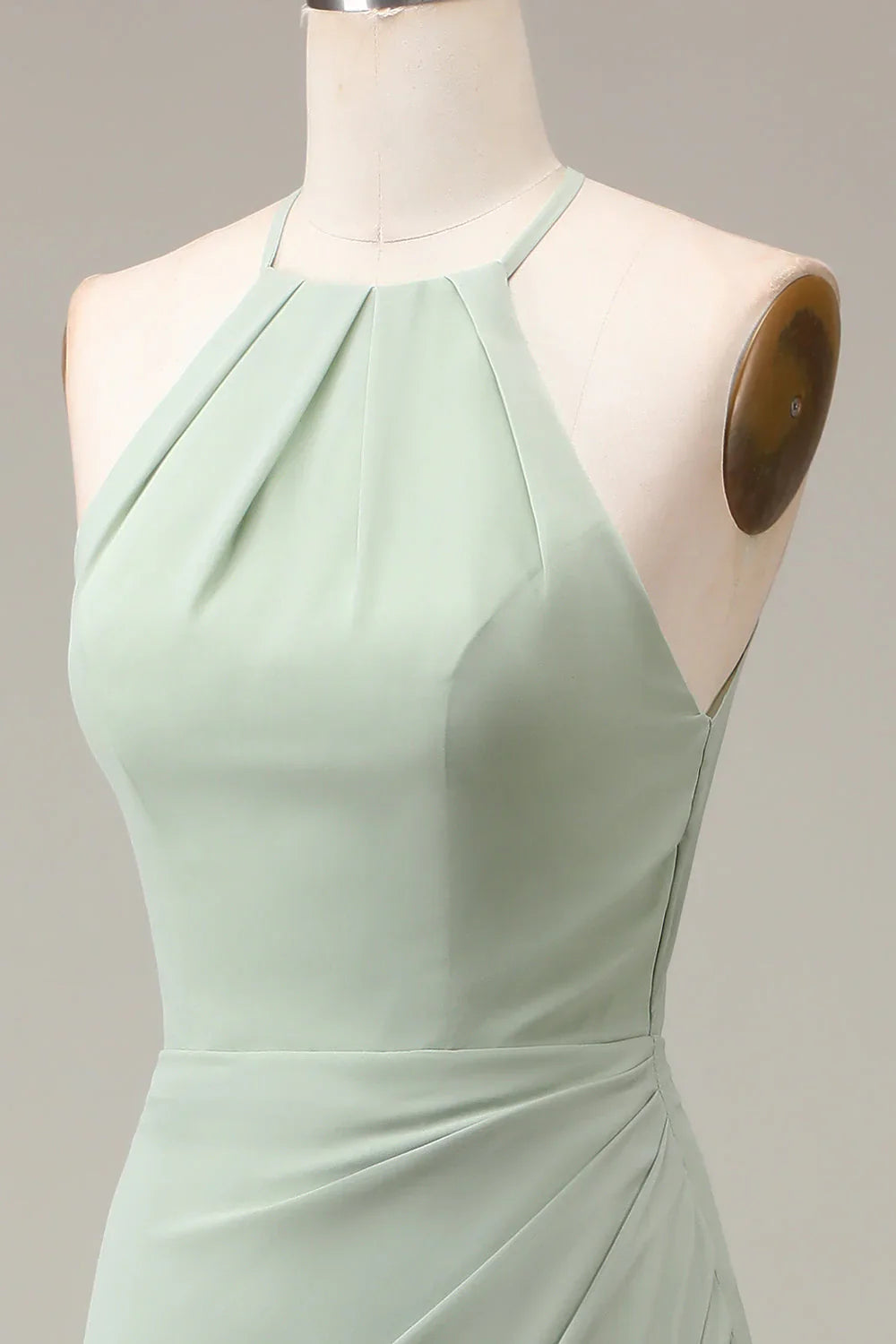 Halter Neck Sheath Pleated Bridesmaid Dress With Slit