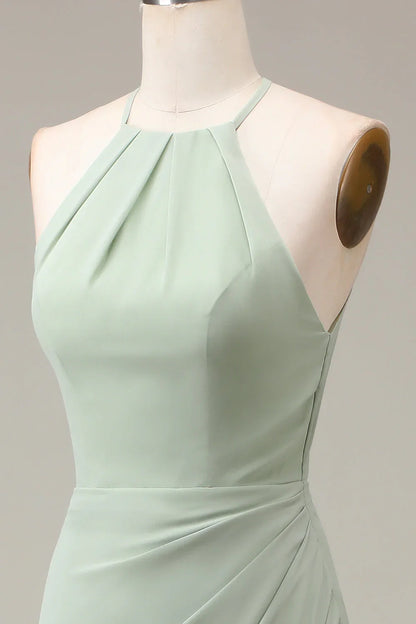 Halter Neck Sheath Pleated Bridesmaid Dress With Slit