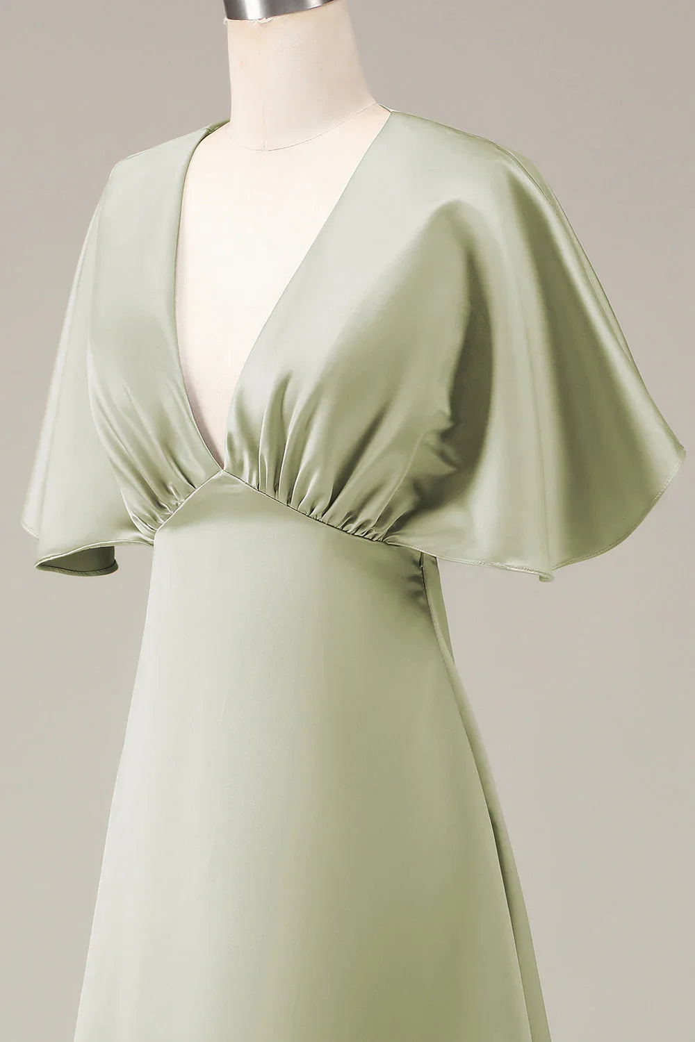 V-Neck Short Sleeves A-Line Satin Bridesmaid Dress
