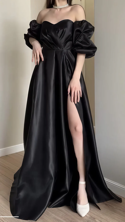 Pretty Black Off Shoulder Puff Sleeves Evening Dress,A Line Slit Party Gown cc2744