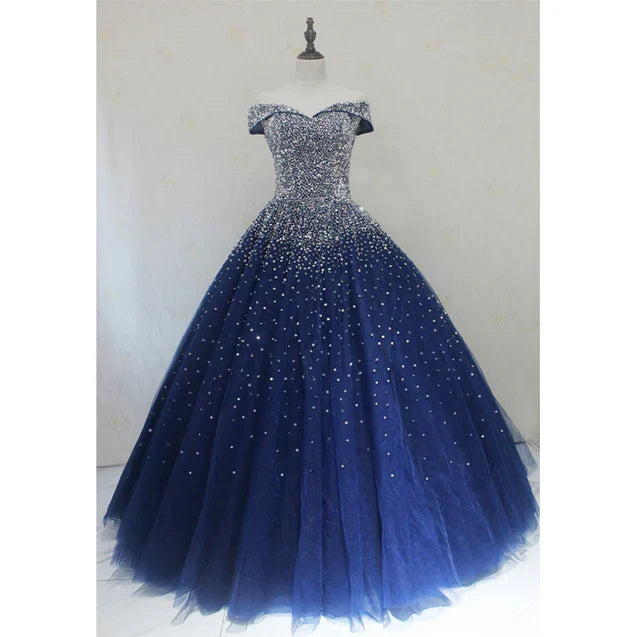 Blue Sparkle Off Shoulder Ball Party Dress Handmade Beaded Party Dress Elegant Prom Dress Evening Dress