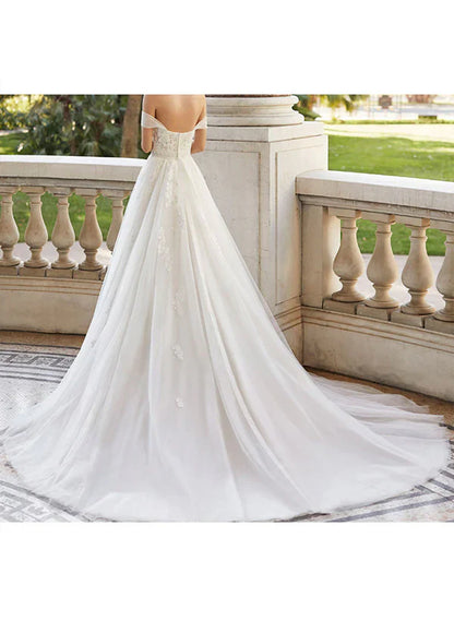 Off-The-Shoulder Ball-Gown Wedding Dresses With Short Sleeves Tulle Lace And Appliques Elegant