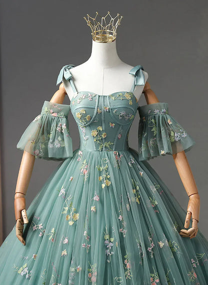 Green Floral Straps Sweetheart Long Party Dress, Green Sweet 16 Dress HZ1024