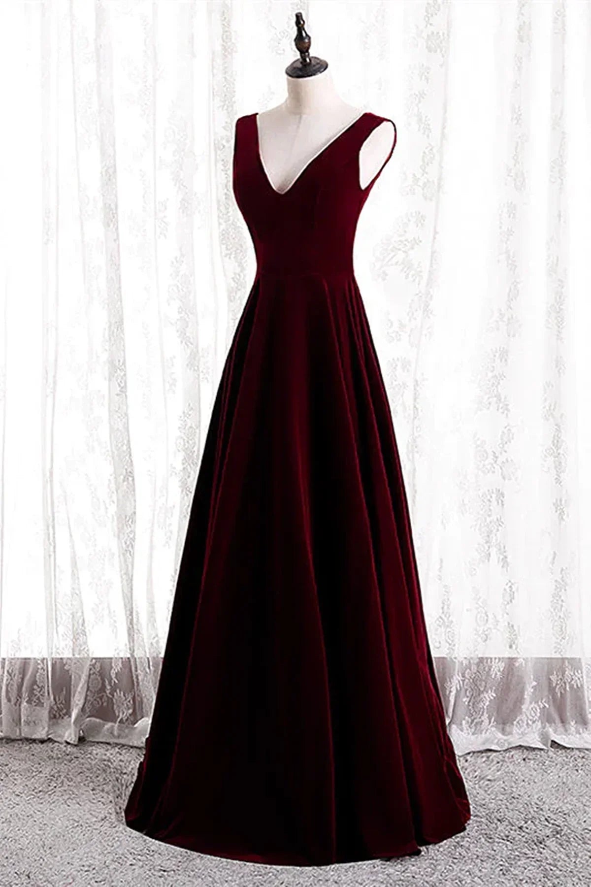 Burgundy Velvet V-neckline Simple Long Party Dress, Burgundy Bridesmaid Dress HZ1024