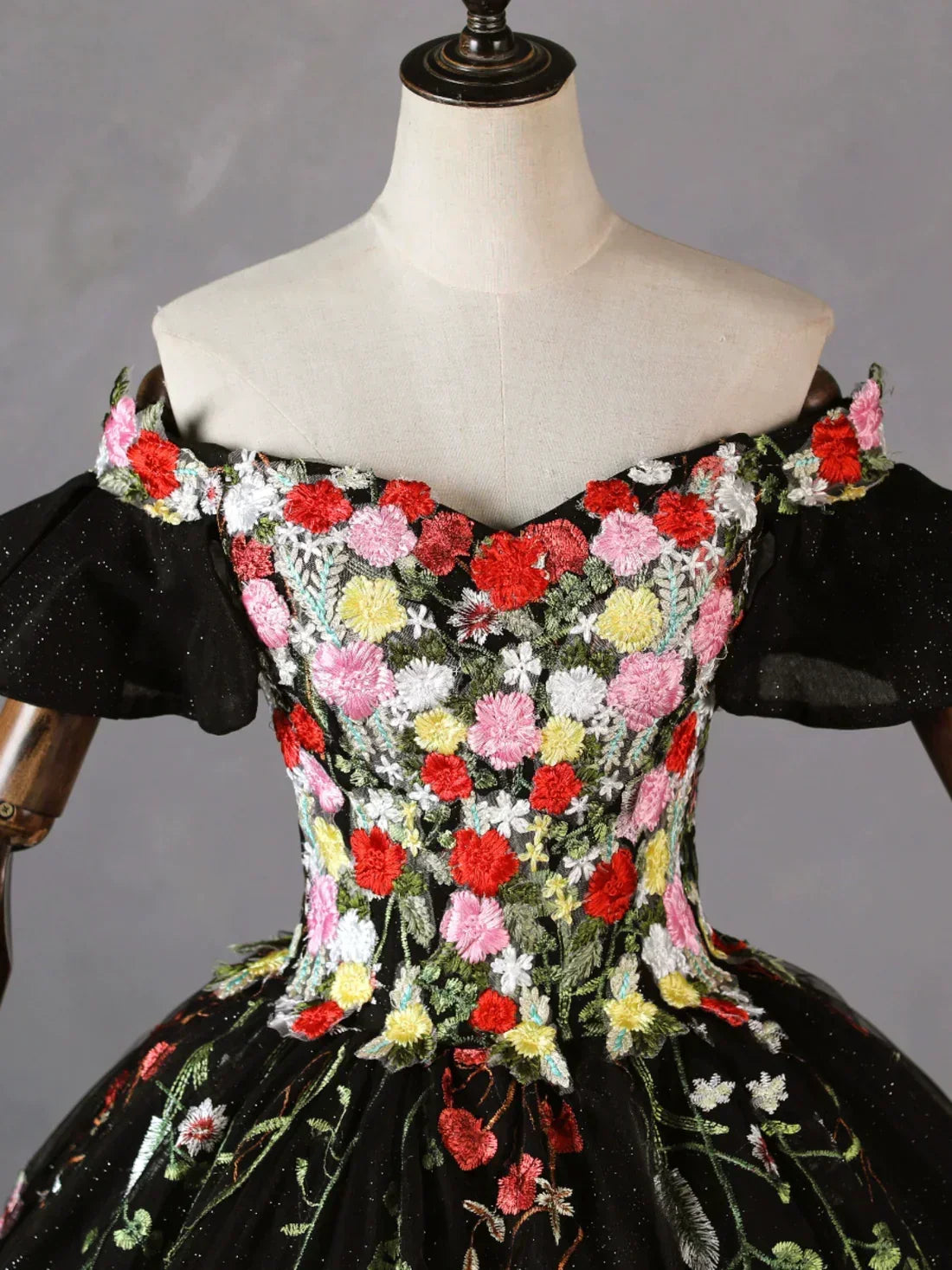 Black Tulle Ball Gown Sweetheart Formal Dress, Black Floral Sweet 16 Dress Evening Dress HZ1024