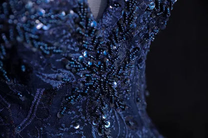 Lovely Navy Blue Floral Tulle Ball Gown Sweet 16 Dress,Navy Blue Off Shoulder Long Formal Dress HZ1024