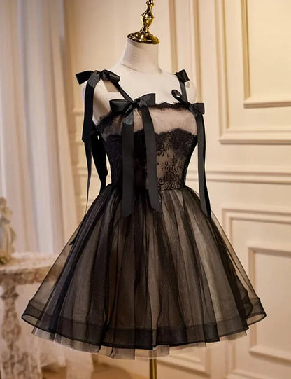 Cute Short Tulle with Lace Black Knee Length Party Dress, Black Short Prom Dress HZ1024