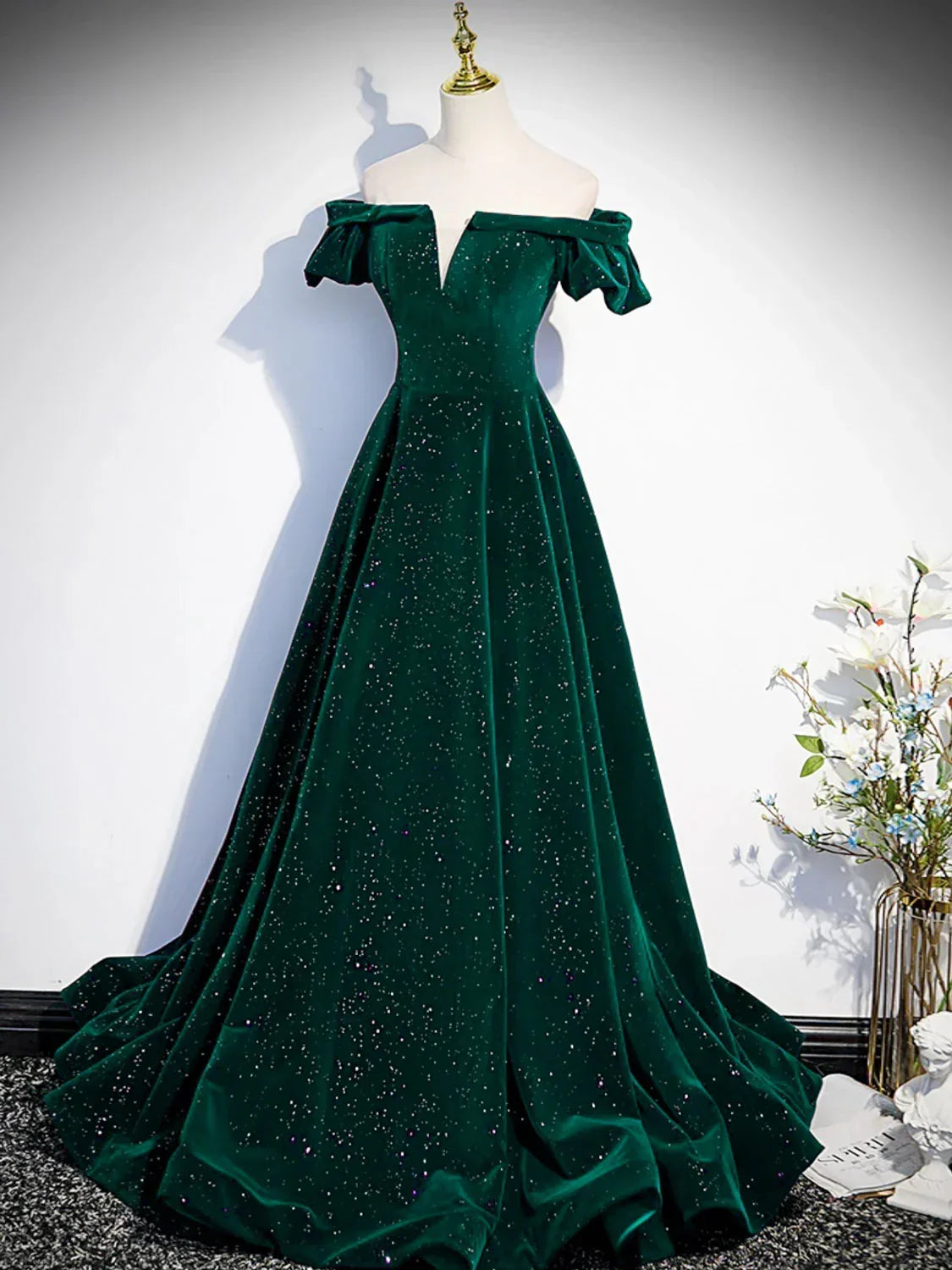 Green Off Shoulder A-line Floor Length Party Dress, Green Long Formal Dress Prom Dress HZ1024