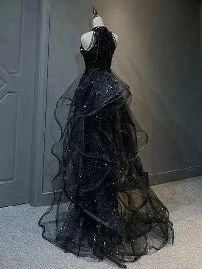 Chic Halter Sequins Black Long Party Dress with Tulle, Black Long Evening Dress HZ1024