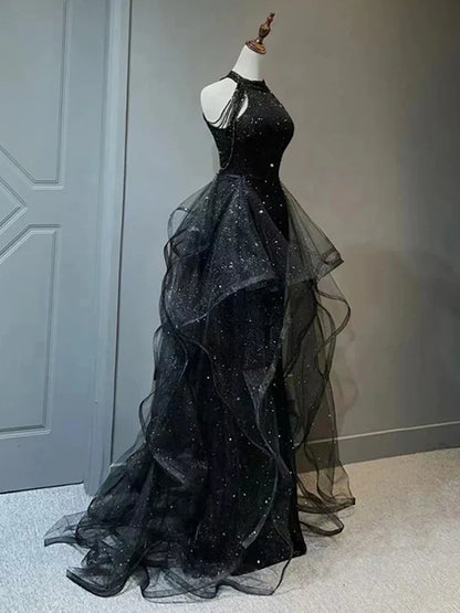 Chic Halter Sequins Black Long Party Dress with Tulle, Black Long Evening Dress HZ1024