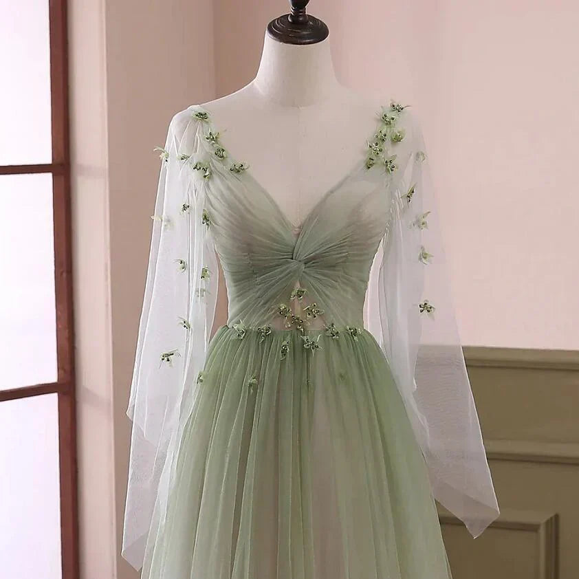Green Gradient Puffy Sleeves Long Party Dress, A-line Beaded Prom Dress HZ1024
