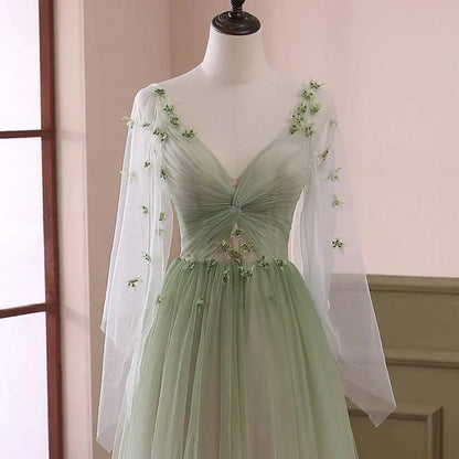 Green Gradient Puffy Sleeves Long Party Dress, A-line Beaded Prom Dress HZ1024