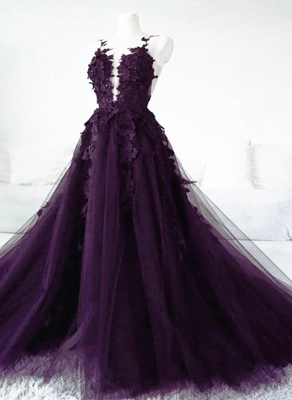Dark Purple Long Tulle Backless Party Dress, Purple A-line Prom Dress HZ1024